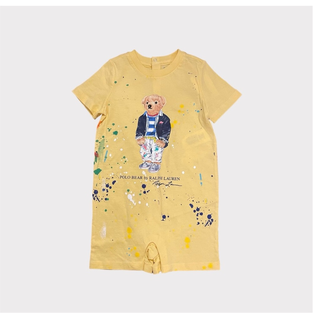 Boys Polo Ralph Lauren Yellow Cotton Teddy Bear Paint Splatter Romper Size 18M